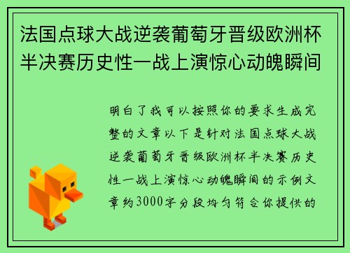 法国点球大战逆袭葡萄牙晋级欧洲杯半决赛历史性一战上演惊心动魄瞬间