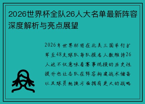 2026世界杯全队26人大名单最新阵容深度解析与亮点展望